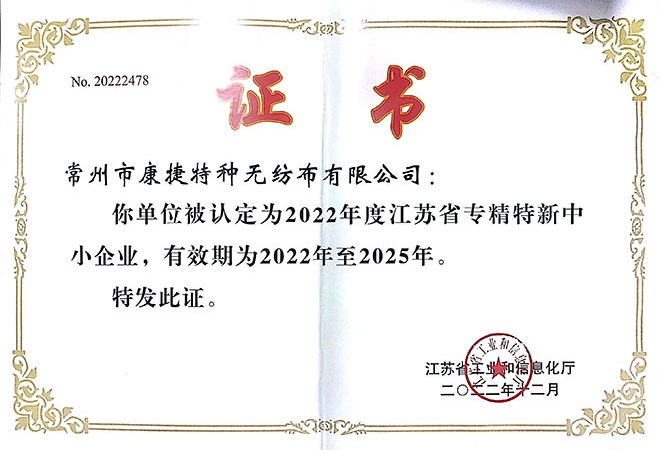 Jiangsu Province Specialized, Refined, Unique and New Certificate